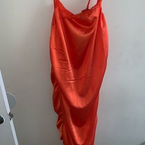 plus orange satin lace trim ruched midi dress